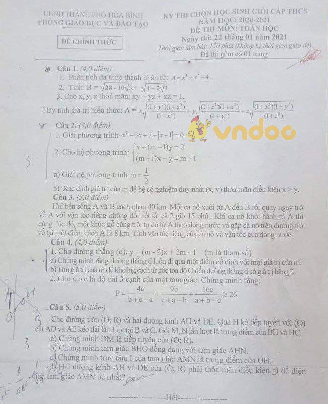 Đề thi chọn học sinh giỏi lớp 9 môn Toán Phòng GD&ĐT Hòa Bình năm 2020 - 2021