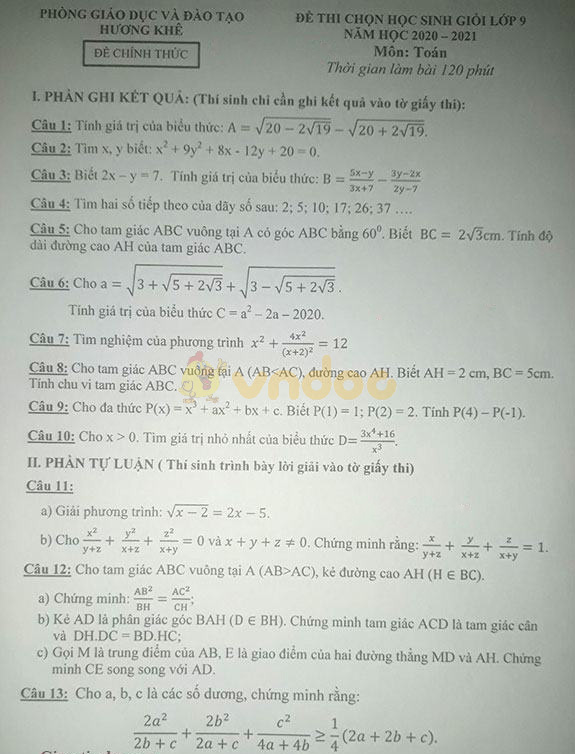 Đề thi chọn học sinh giỏi lớp 9 môn Toán Phòng GD&ĐT Hương Khê năm 2020 - 2021