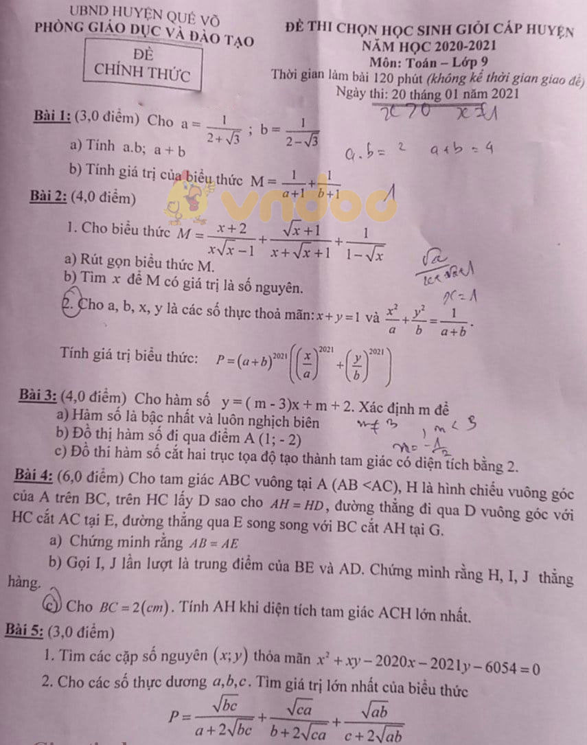 Đề thi chọn học sinh giỏi lớp 9 môn Toán Phòng GD&ĐT huyện Quế Võ năm 2020 - 2021