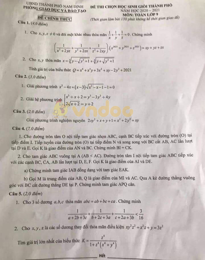 Đề thi chọn học sinh giỏi lớp 9 môn Toán Phòng GD&ĐT Nam Định năm 2020 - 2021