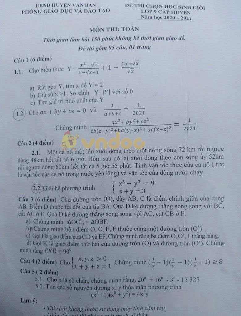 Đề thi chọn học sinh giỏi lớp 9 môn Toán Phòng GD&ĐT Văn Bàn, Lào Cai năm 2020 - 2021