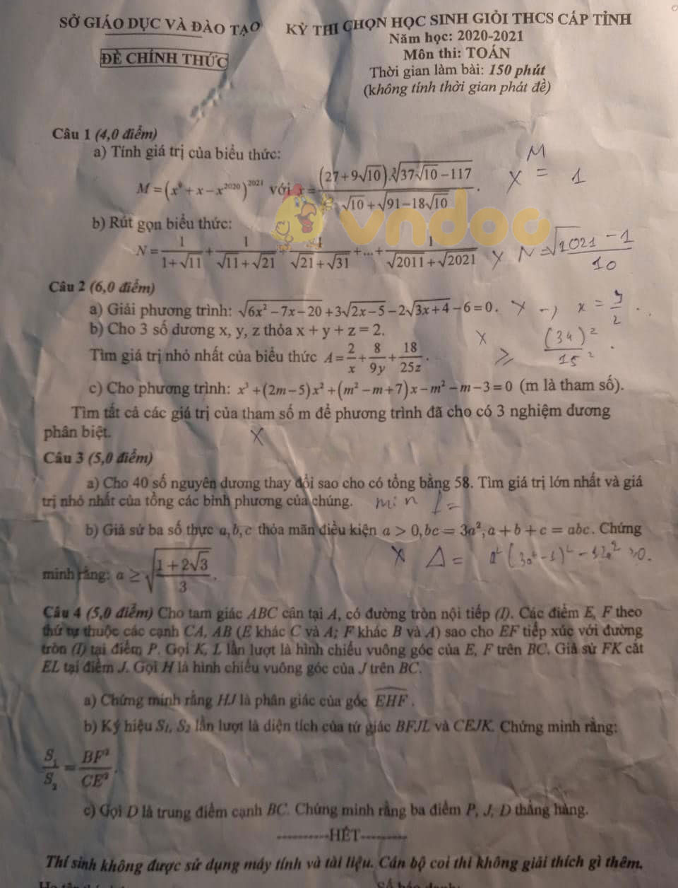 Đề thi chọn học sinh giỏi lớp 9 môn Toán Sở GD&ĐT Bình Dương năm 2020 - 2021