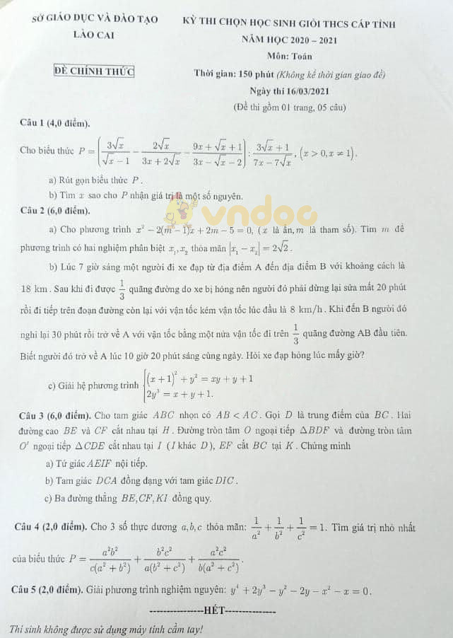 Đề thi chọn học sinh giỏi lớp 9 môn Toán Sở GD&ĐT Lào Cai năm 2020 - 2021