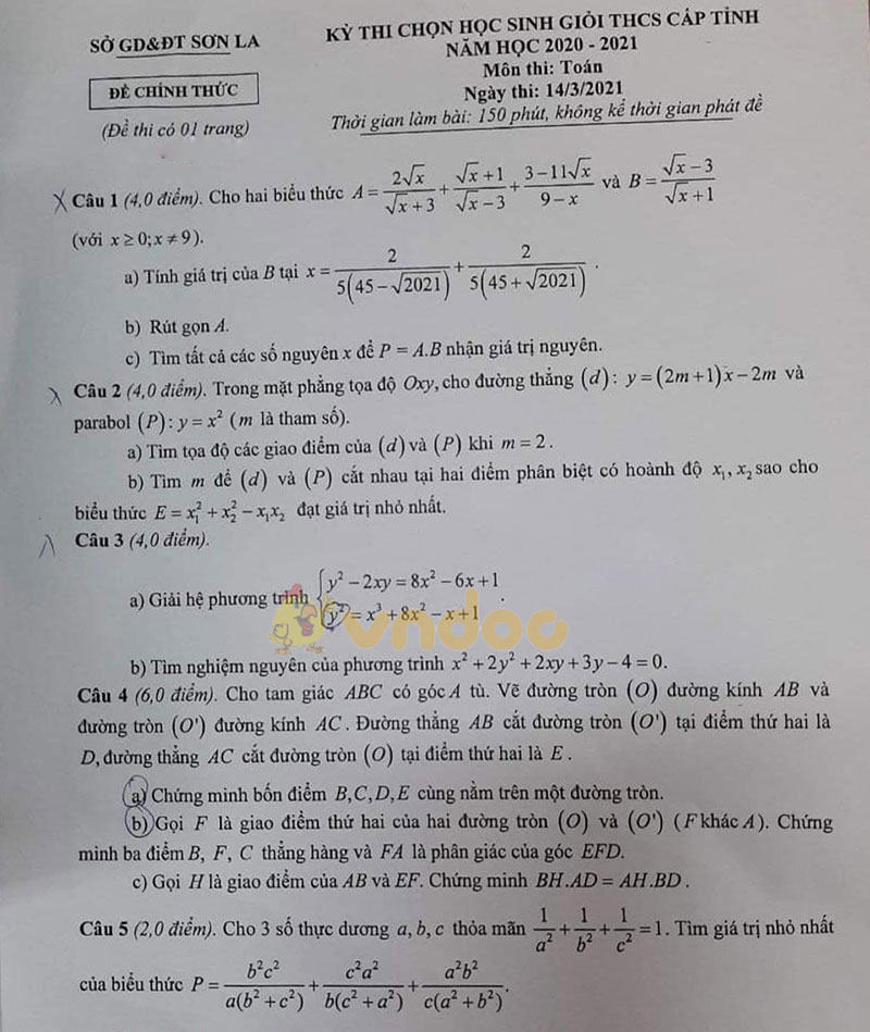Đề thi chọn học sinh giỏi lớp 9 môn Toán Sở GD&ĐT Sơn La năm 2020 - 2021