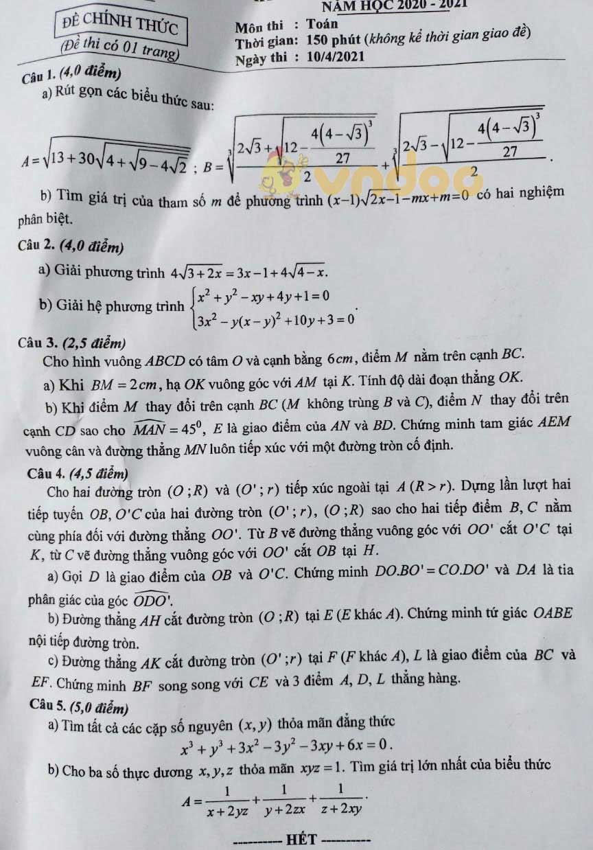 Đề thi chọn học sinh giỏi lớp 9 môn Toán Sở GD&ĐT tỉnh Quảng Nam năm 2020 - 2021