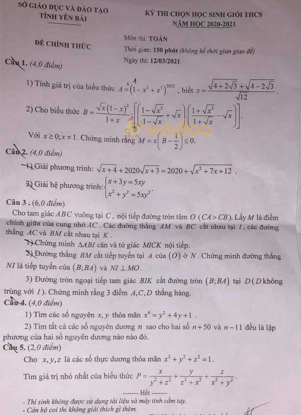 Đề thi chọn học sinh giỏi lớp 9 môn Toán Sở GD&ĐT Yên Bái năm 2020 - 2021