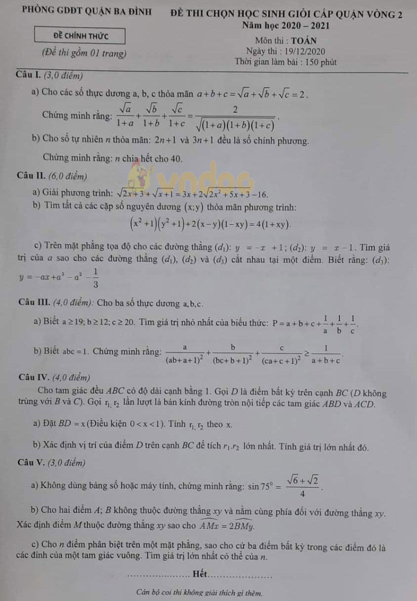 Đề thi chọn học sinh giỏi lớp 9 môn Toán Phòng GD&ĐT Ba Đình năm 2020 - 2021 (vòng 2)