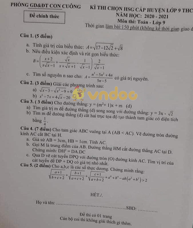 Đề thi chọn học sinh giỏi lớp 9 môn Toán Phòng GD&ĐT Con Cuông năm 2020 - 2021