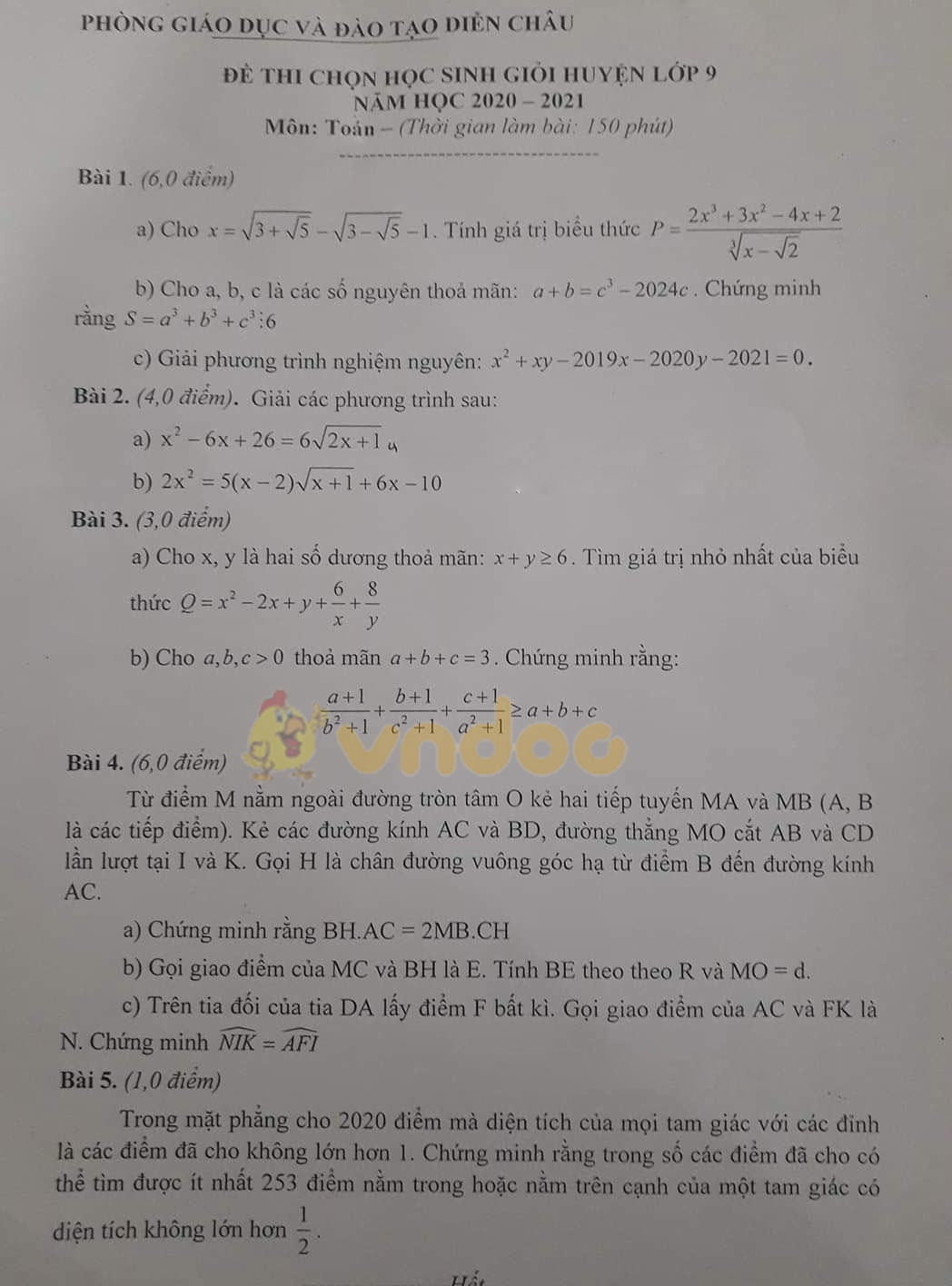 Đề thi chọn học sinh giỏi lớp 9 môn Toán Phòng GD&ĐT Diễn Châu năm 2020 - 2021