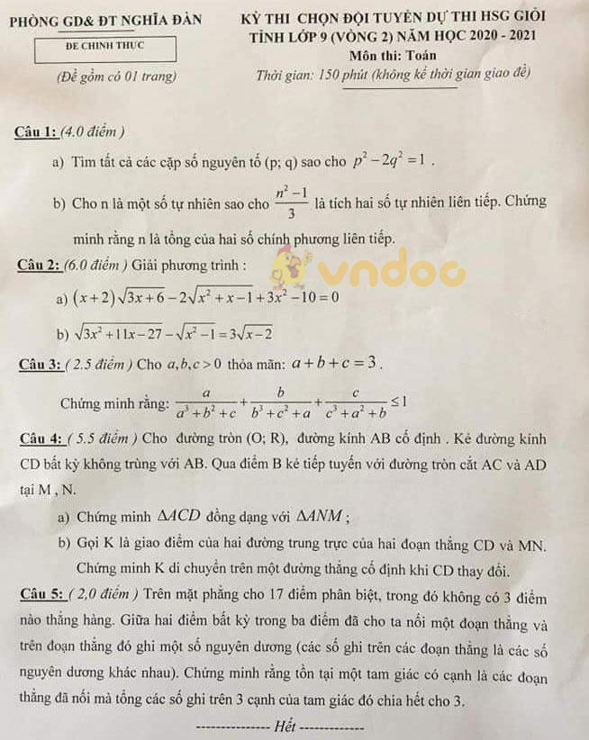 Đề thi chọn học sinh giỏi lớp 9 môn Toán Phòng GD&ĐT Nghĩa Đàn năm 2020 - 2021 (vòng 2)