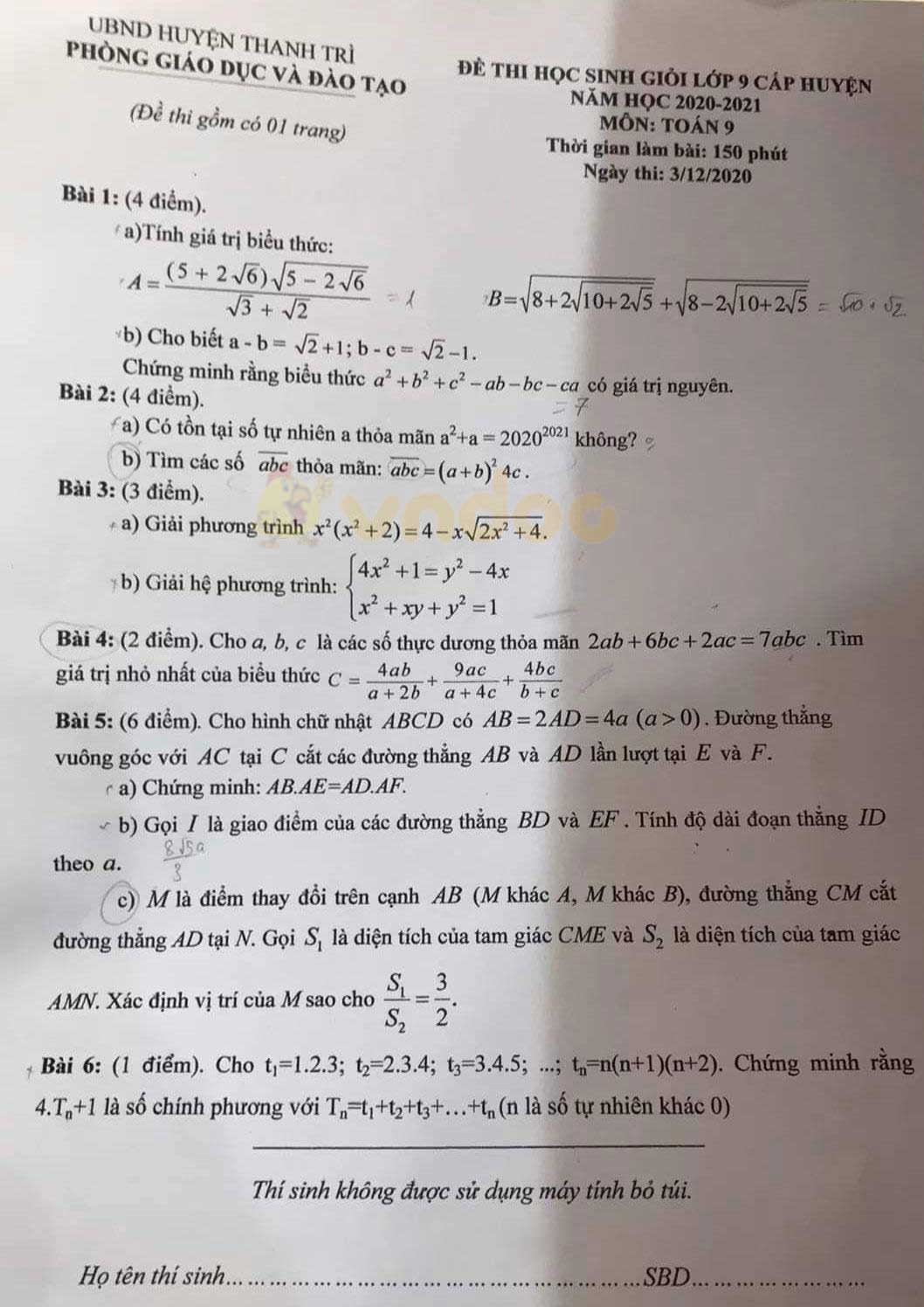 Đề thi chọn học sinh giỏi lớp 9 môn Toán Phòng GD&ĐT Thanh Trì năm 2020 - 2021