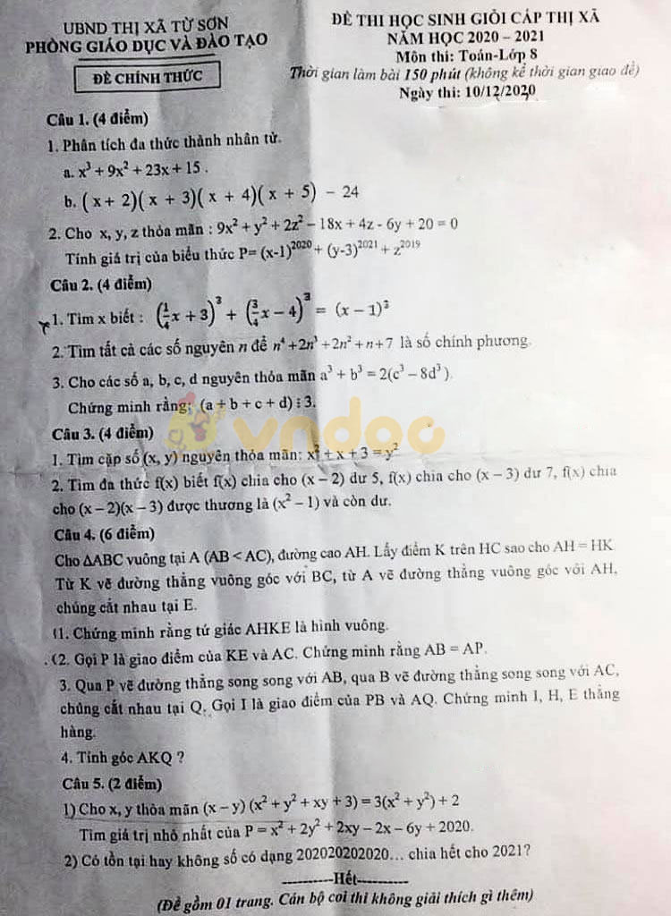 Đề thi chọn học sinh giỏi lớp 9 môn Toán Phòng GD&ĐT Từ Sơn, Bắc Ninh năm 2020 - 2021