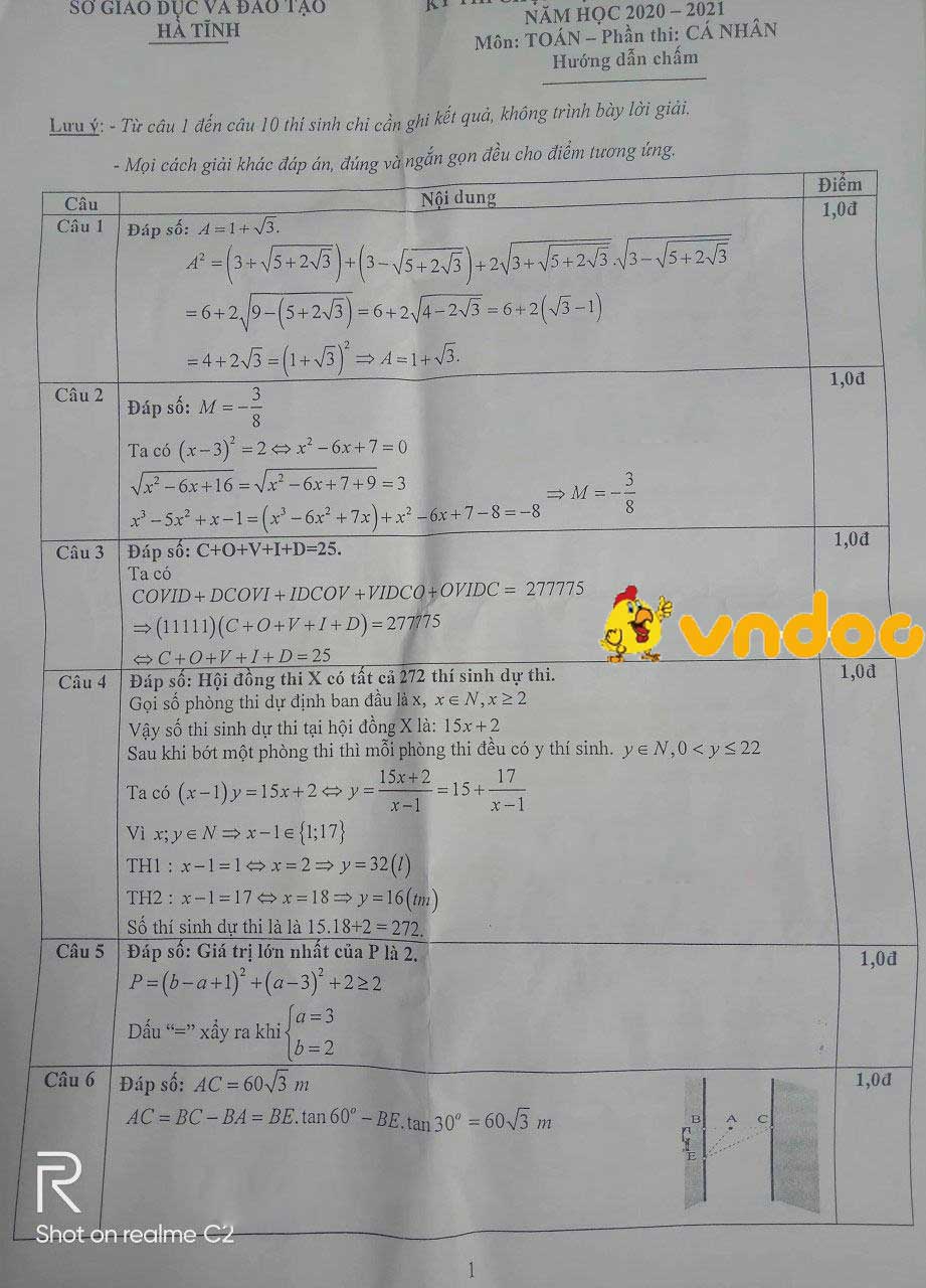 Đề thi chọn học sinh giỏi lớp 9 môn Toán Sở GD&ĐT Hà Tĩnh năm 2020 - 2021