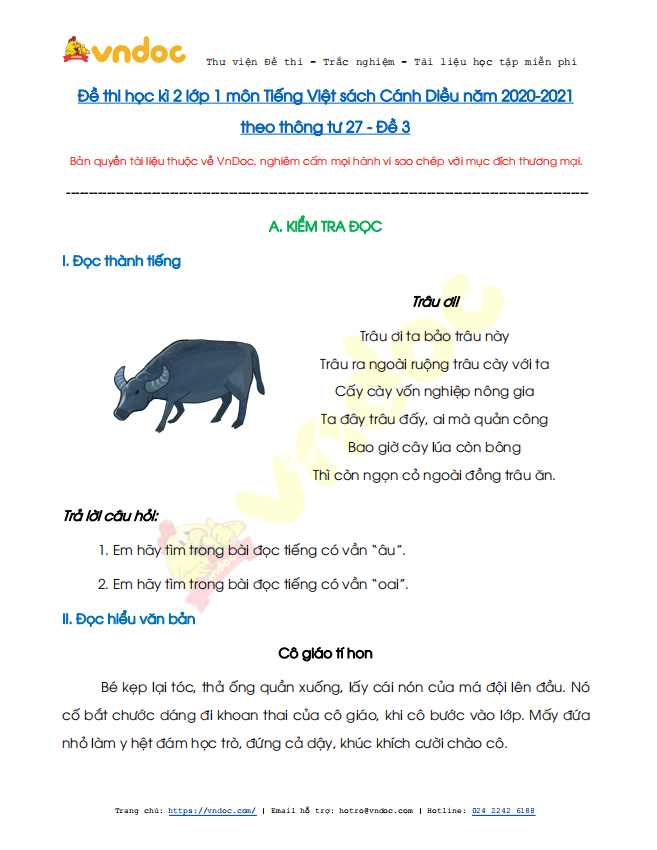 Đề thi học kì 2 lớp 1 môn Tiếng Việt sách Cánh Diều năm 2020-2021 theo Thông tư 27 - Đề 3