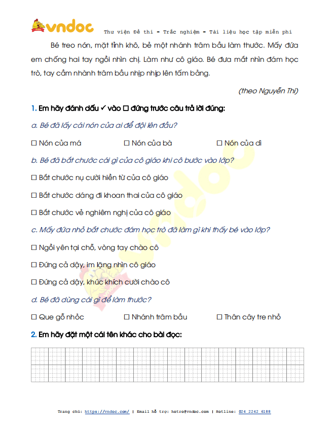Đề thi học kì 2 lớp 1 môn Tiếng Việt sách Cánh Diều năm 2020-2021 theo Thông tư 27 - Đề 3
