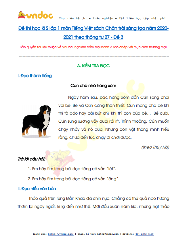 Đề thi học kì 2 lớp 1 môn Tiếng Việt sách Chân trời sáng tạo năm 2020-2021 theo Thông tư 27 - Đề 3