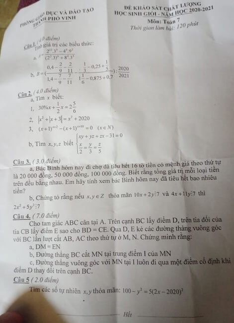 Đề thi học sinh giỏi cấp huyện lớp 7 môn Toán