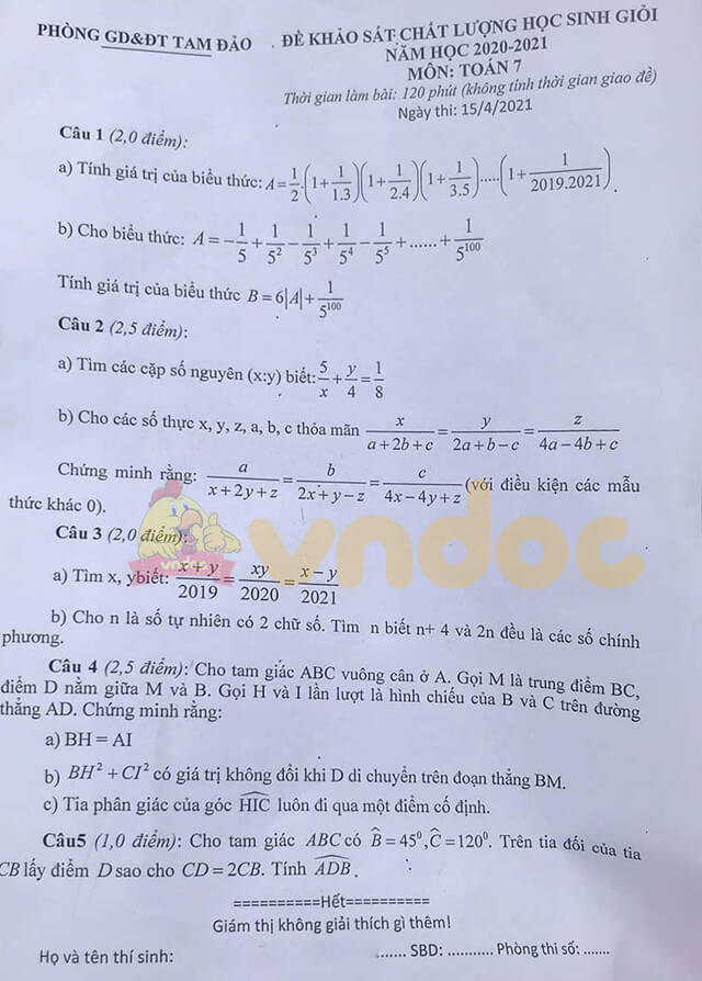 Đề thi học sinh giỏi cấp huyện lớp 7 môn Toán