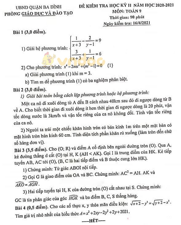 Đề thi học kì 2 Toán 9 Phòng GD&ĐT quận Ba Đình năm 2020 - 2021
