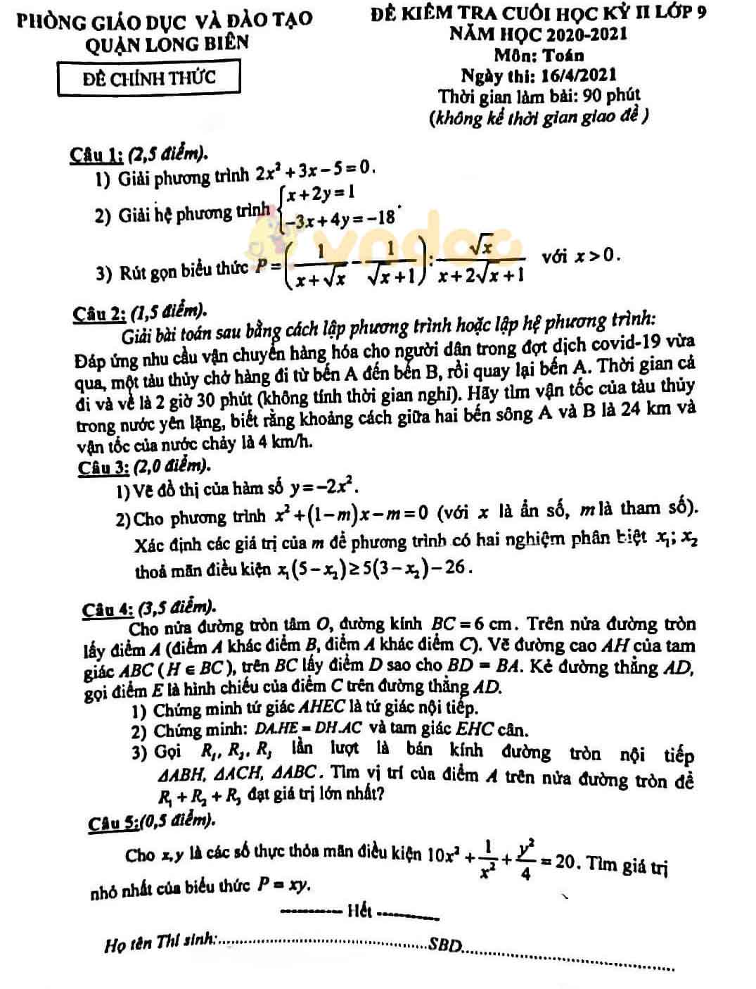 Đề thi học kì 2 Toán 9 Phòng GD&ĐT quận Long Biên năm 2020 - 2021