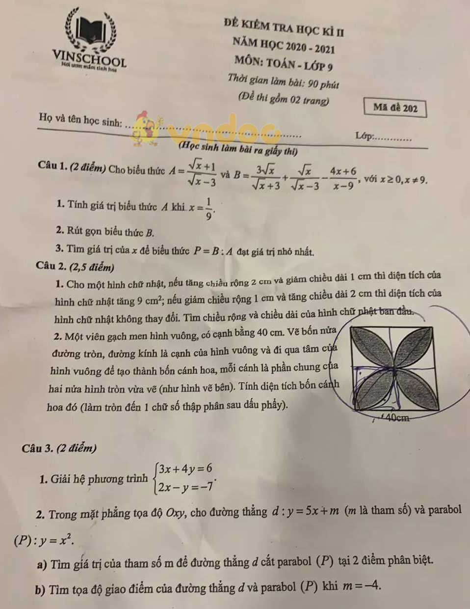 Đề thi học kì 2 Toán 9 trường THCS Vinschool năm 2020 - 2021