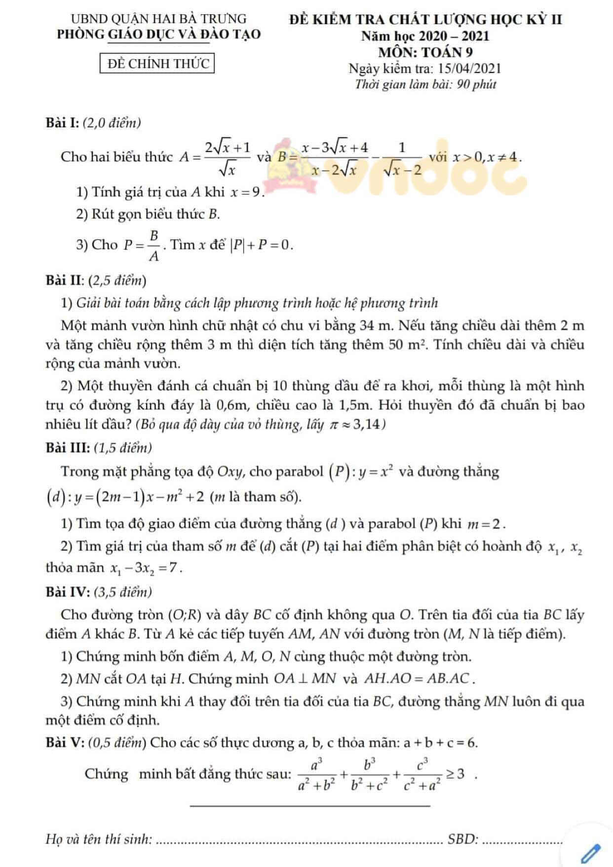 Đề thi học kì 2 Toán 9 Phòng GD&ĐT quận Hai Bà Trưng năm 2020 - 2021