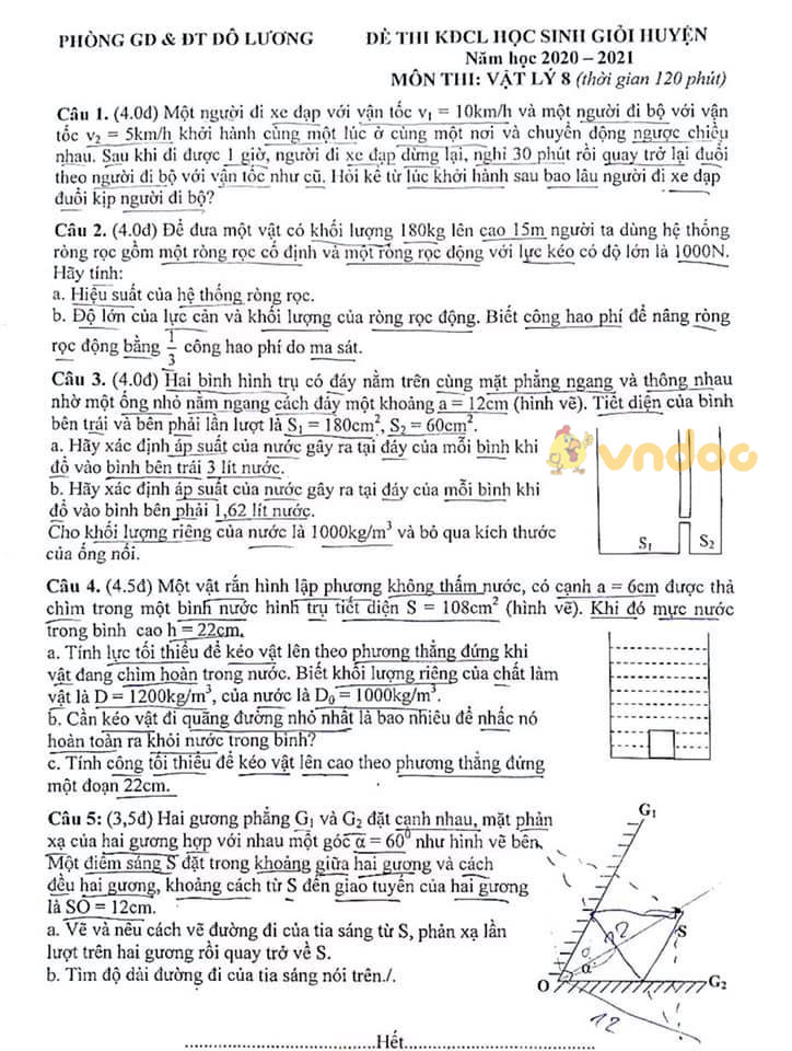 Đề thi học sinh giỏi lớp 8 môn Vật lý phòng GD&ĐT Đô Lương năm 2020 - 2021
