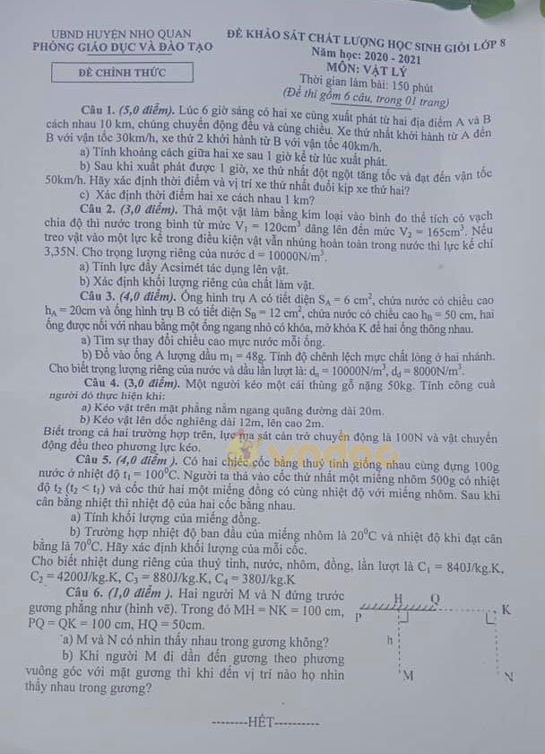 Đề thi học sinh giỏi lớp 8 môn Vật lý phòng GD&ĐT huyện Nho Quan năm 2020 - 2021