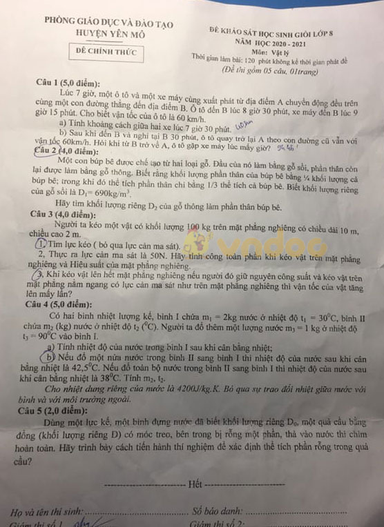Đề thi học sinh giỏi lớp 8 môn Vật lý phòng GD&ĐT huyện Yên Mô năm 2020 - 2021