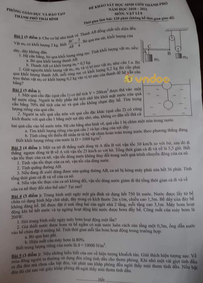 Đề thi học sinh giỏi lớp 8 môn Vật lý phòng GD&ĐT TP Thái Bình năm 2020 - 2021