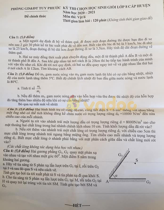 Đề thi học sinh giỏi lớp 8 môn Vật lý phòng GD&ĐT Tuy Phước, Bình Định năm 2020 - 2021