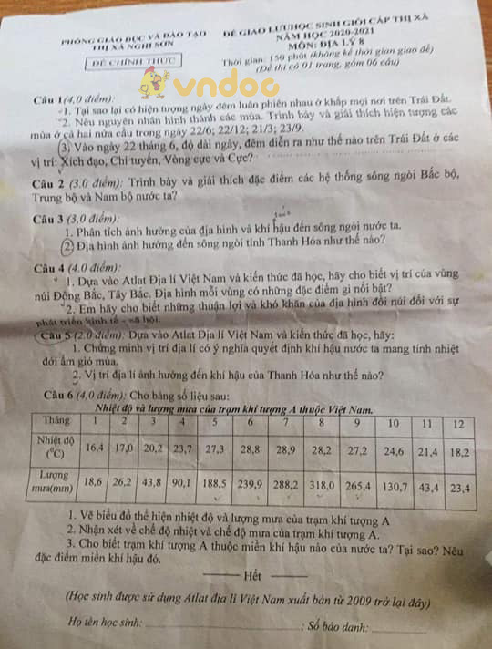 Đề thi chọn học sinh giỏi lớp 8 môn Địa lý Phòng GD&ĐT Nghi Sơn năm học 2020 - 2021