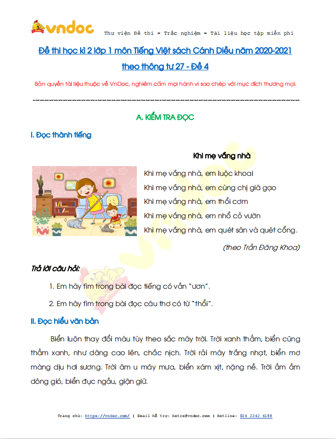 Đề thi học kì 2 lớp 1 môn Tiếng Việt năm 2020-2021 sách Cánh Diều - Đề 4