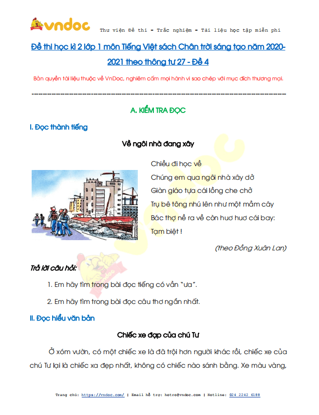 Đề thi học kì 2 lớp 1 môn Tiếng Việt sách Chân trời sáng tạo năm 2020-2021 theo Thông tư 27 - Đề 4