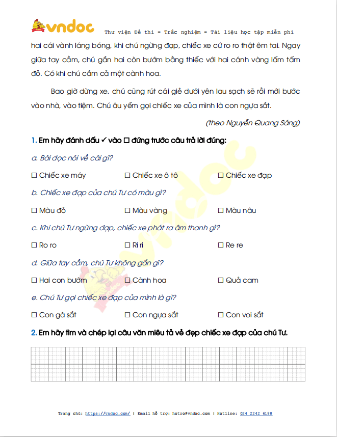 Đề thi học kì 2 lớp 1 môn Tiếng Việt sách Chân trời sáng tạo năm 2020-2021 theo Thông tư 27 - Đề 4