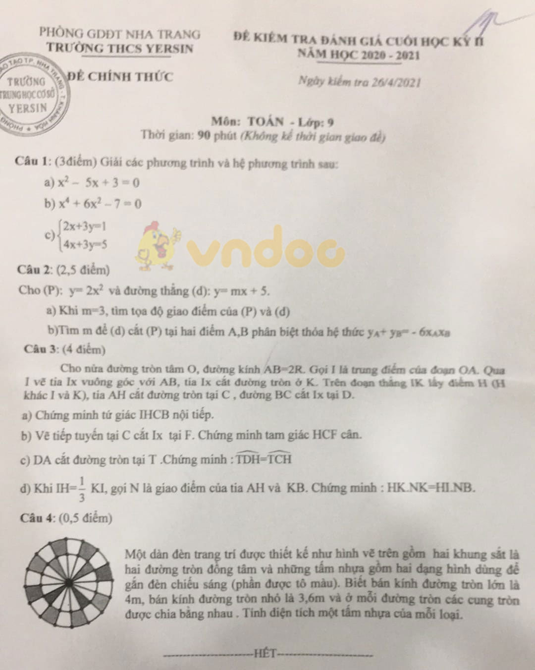 Đề thi học kì 2 Toán 9 Trường THCS Yersin, Nha Trang năm 2020 - 2021