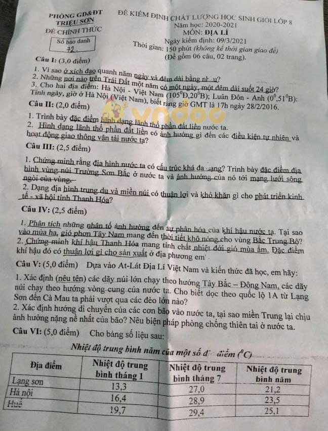 Đề thi học sinh giỏi lớp 8 môn Địa lý Phòng GD&ĐT Triệu Sơn năm 2020 - 2021