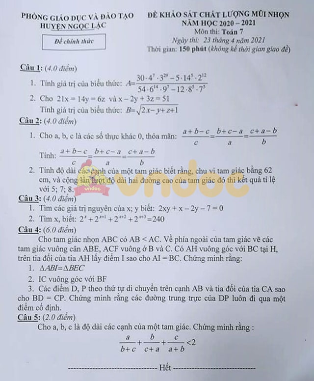 Đề thi học sinh giỏi cấp huyện lớp 7 môn Toán