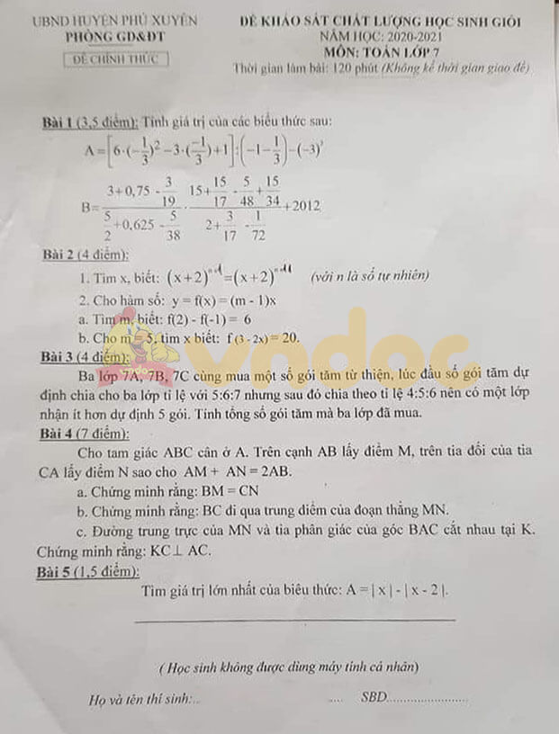 Đề thi học sinh giỏi cấp huyện lớp 7 môn Toán