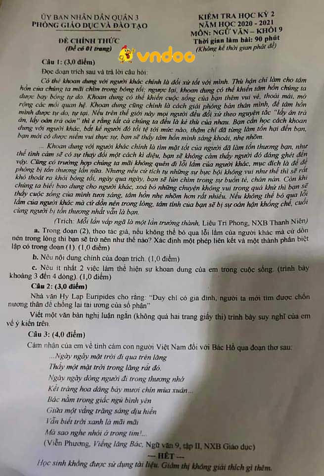 Đề thi học kì 2 lớp 9 môn Văn Phòng GD&ĐT Quận 3 năm 2020 - 2021