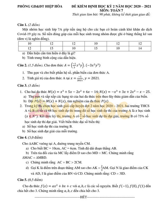 Đề thi hk2 Toán 7
