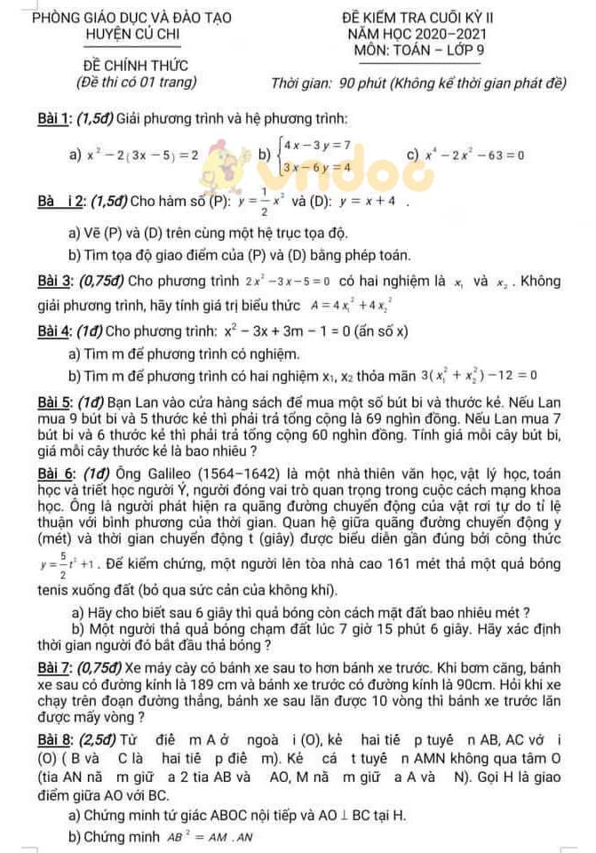 Đề thi học kì 2 Toán 9 Phòng GD&ĐT huyện Củ Chi năm 2020 - 2021