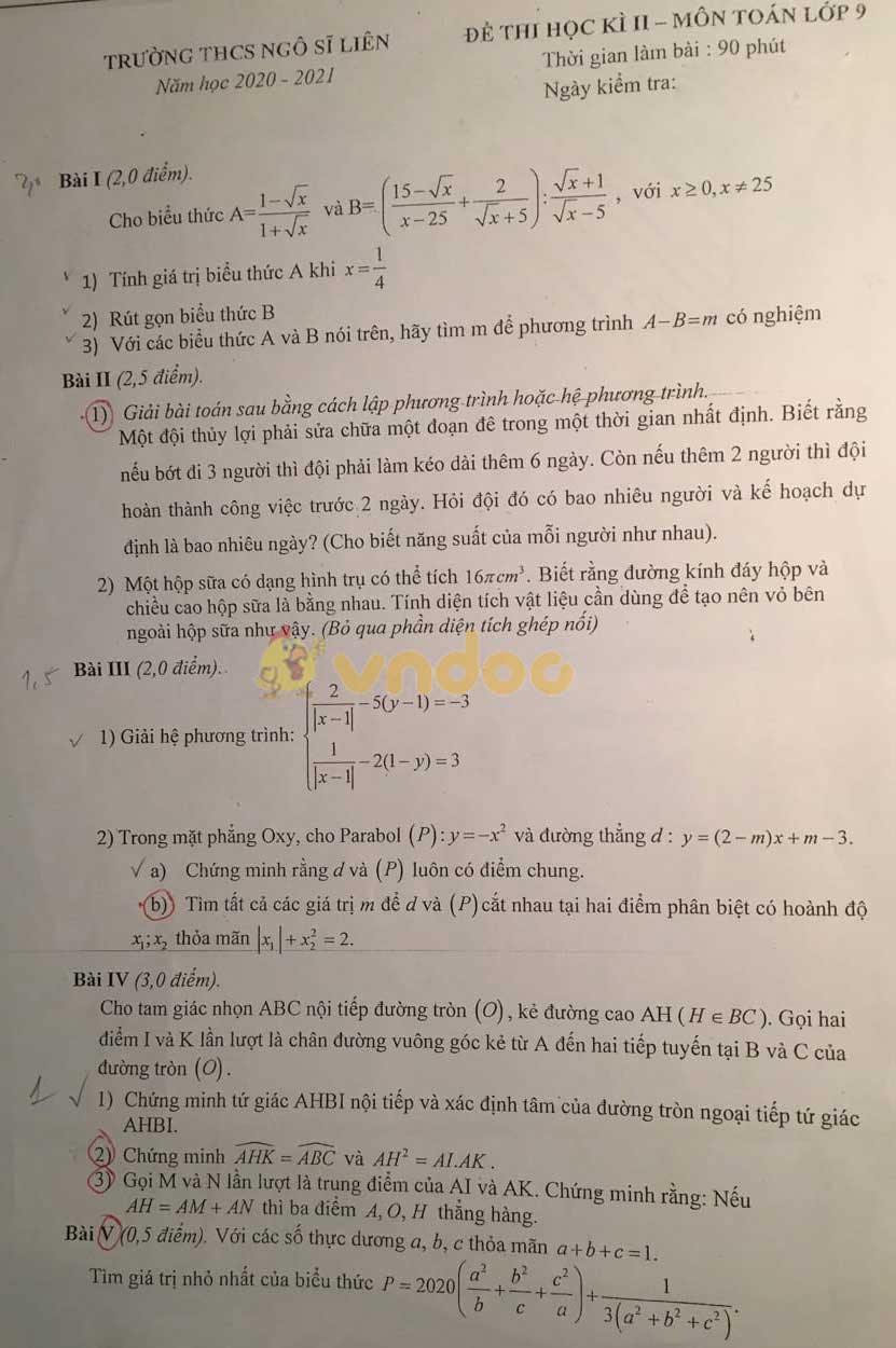 Đề thi học kì 2 Toán 9 Trường THCS Ngô Sĩ Liên năm 2020 - 2021