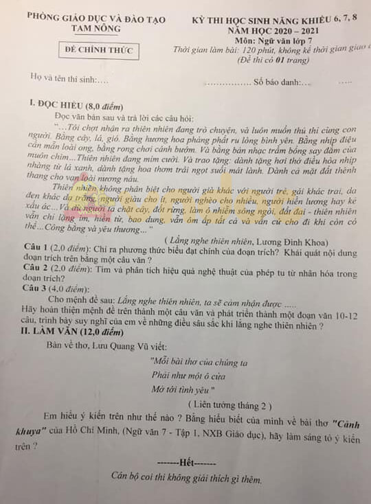 Đề thi hsg Văn 7