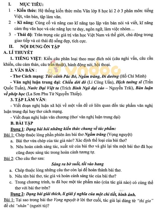 Đề cương ôn thi học kì 2 lớp 9 môn Văn trường THCS Đoàn Thị Điểm năm 2020 - 2021