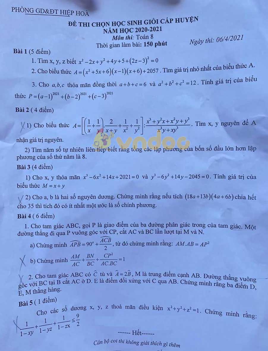 Đề thi học sinh giỏi lớp 8 môn Toán Phòng GD&ĐT Hiệp Hòa năm 2020 - 2021