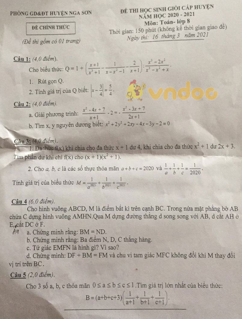 Đề thi học sinh giỏi lớp 8 môn Toán Phòng GD&ĐT huyện Nga Sơn năm 2020 - 2021