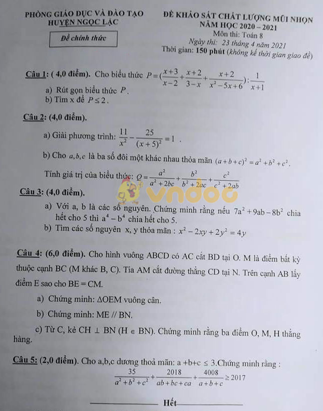 Đề thi học sinh giỏi lớp 8 môn Toán phòng GD&ĐT huyện Ngọc Lặc, Thanh Hóa năm 2020 - 2021