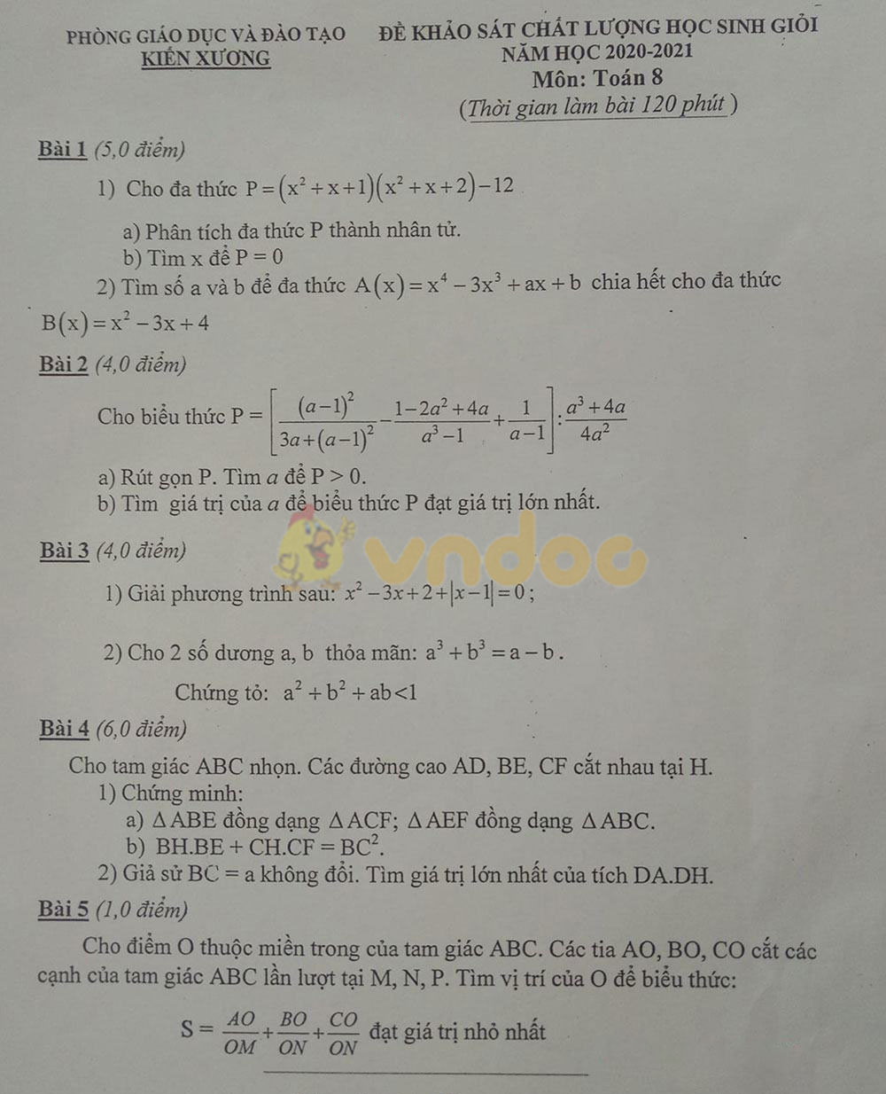 Đề thi học sinh giỏi lớp 8 môn Toán Phòng GD&ĐT Kiến Xương năm 2020 - 2021