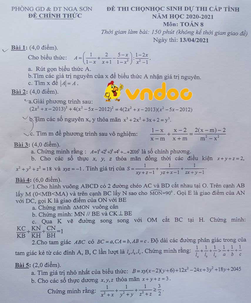 Đề thi học sinh giỏi lớp 8 môn Toán Phòng GD&ĐT Nga Sơn năm 2020 - 2021